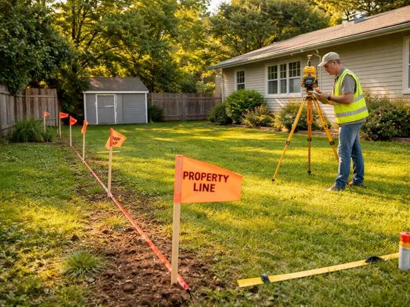 Boundary survey in progress showing property line markers and a surveyor measuring residential land before purchase or development