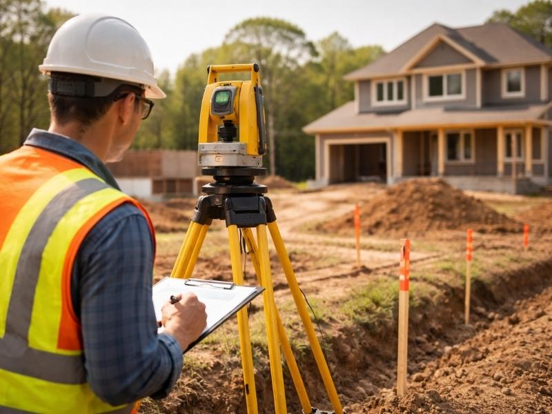 Topographic survey being performed at a residential construction site with a surveyor using equipment to record elevation and land features