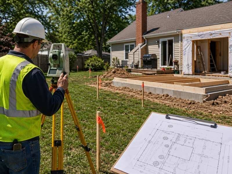 Land surveying before you divide or improve land - Maxwell Land Surveying Land surveying before you divide or improve land showing a surveyor using a total station to verify property boundaries before a residential home addition.