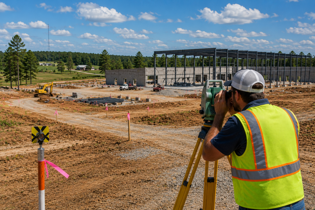 Construction surveyor using a total station to establish layout for a phased commercial building project near Maxwell, Alabama.