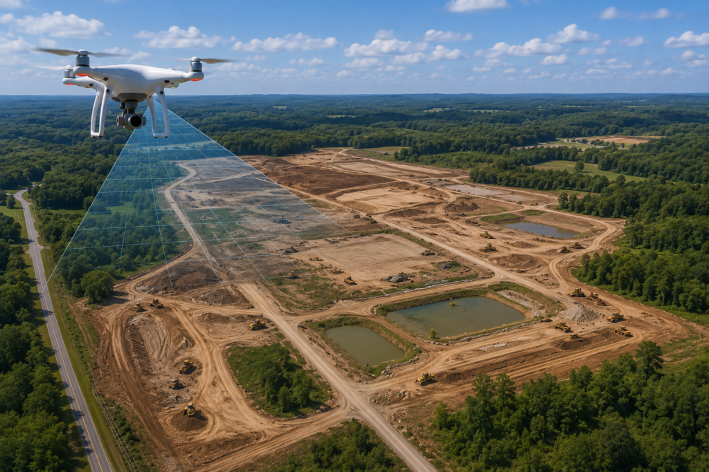 Drone land surveying over a large development tract in Maxwell, Alabama, capturing aerial data for site planning, grading, and project preparation.