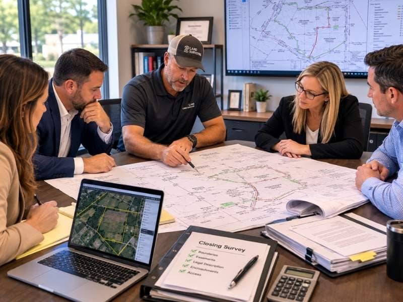 closing survey coordination for complex parcels - Maxwell Land Surveying Closing survey coordination for complex parcels with professionals reviewing boundaries, easements, legal descriptions, and property records.