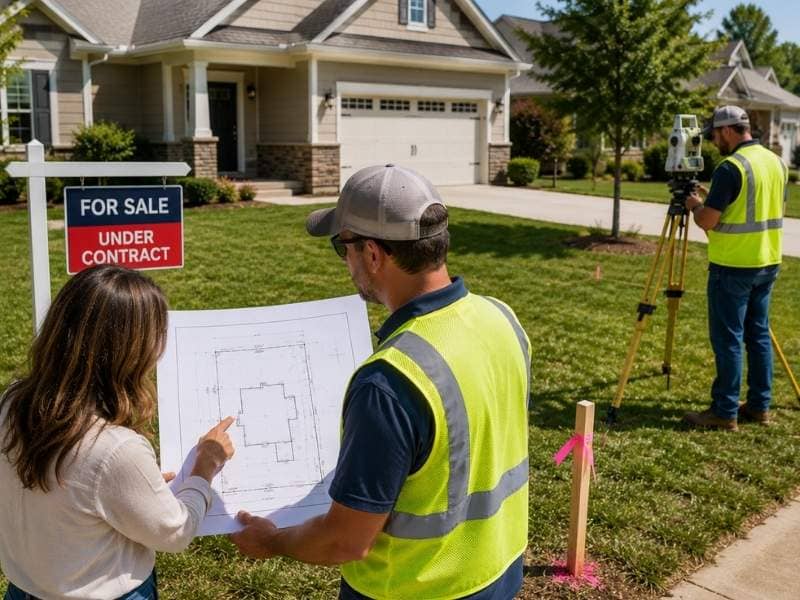 loan closing survey issues that can slow a purchase - Maxwell Land Surveying Loan Closing Survey Issues That Can Slow a Purchase showing a buyer and surveyor reviewing property boundaries before a home closing.