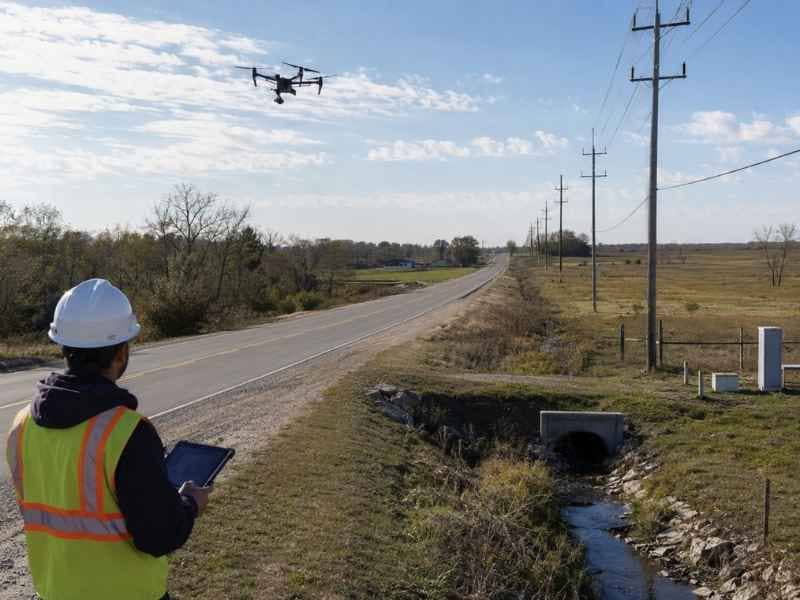 UAV survey mapping broadband route planning munford alabama - Maxwell Land Surveying Person wearing a hard hat and high-visibility vest operates a drone with a tablet while standing by a rural road and power lines.