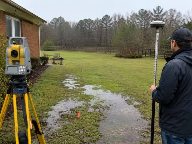 elevation-survey-drainage - Maxwell Land Surveying Surveyor conducting an elevation survey on a wet residential yard for drainage improvements.