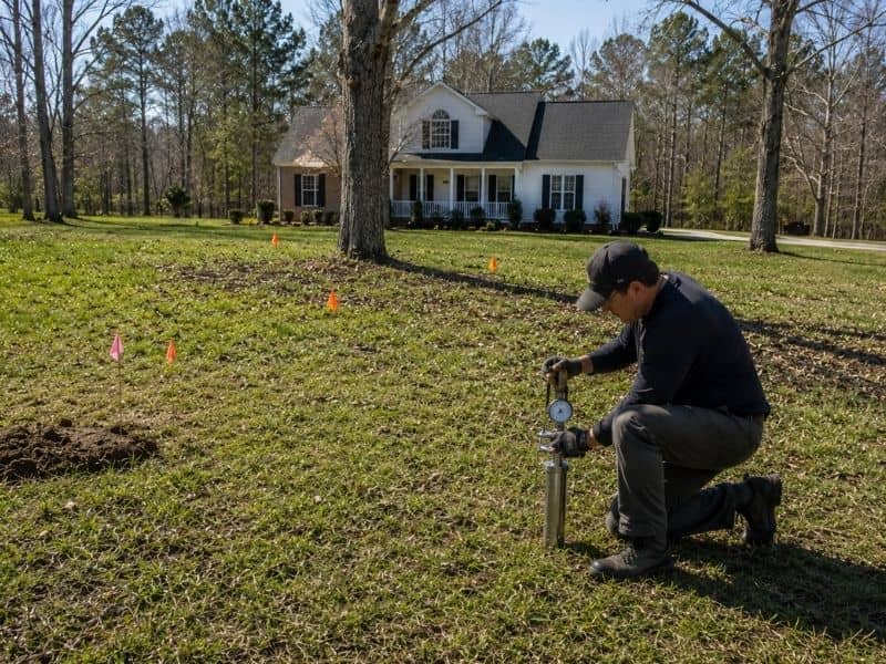 perc-test-planning - Maxwell Land Surveying Surveyor conducting a perc test on a residential property for septic and home site planning.